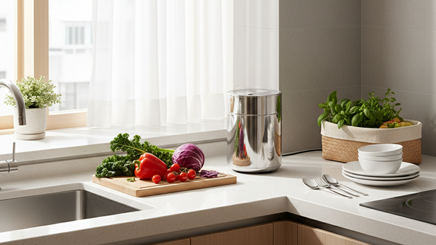 깨끗한 주방 조리대 위 가정용 음식물 감량기, 신선한 채소와 함께 배치된 모던한 인테리어