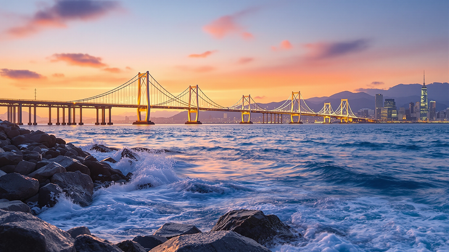 부산 겨울여행 필수코스 광안대교 야경 - 노을 지는 겨울 바다와 조명이 켜진 광안대교