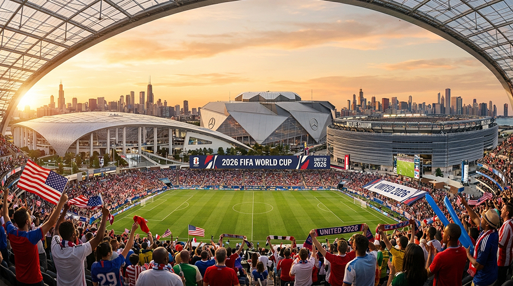 2026 FIFA 월드컵 미국 개최 경기장 전경과 열정적인 관중들