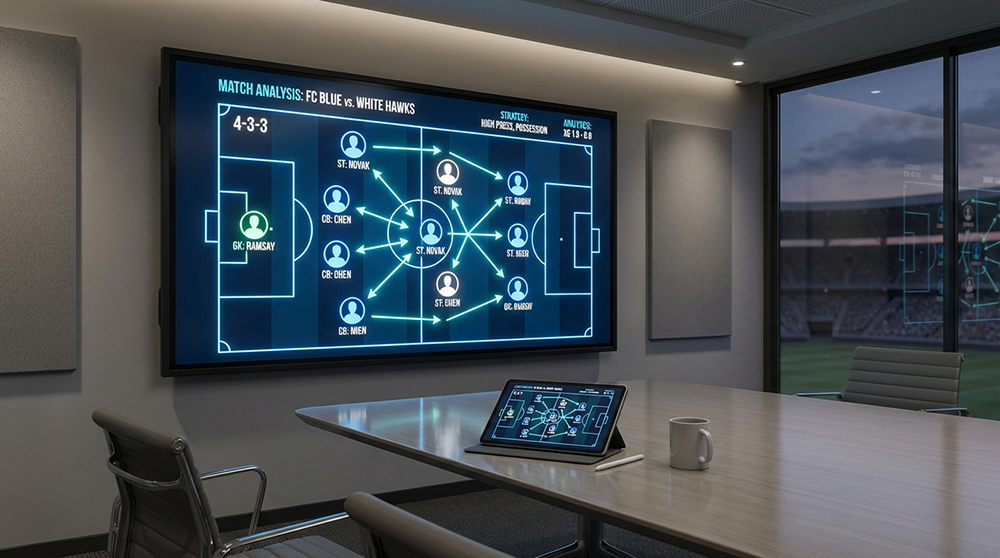 축구 전술 분석 보드에 표시된 팀 포메이션과 선수 배치 전략 다이어그램