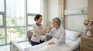 간병비 건강보험 적용으로 전문 간병사가 요양병원에서 환자를 정성스럽게 돌보는 따뜻한 모습