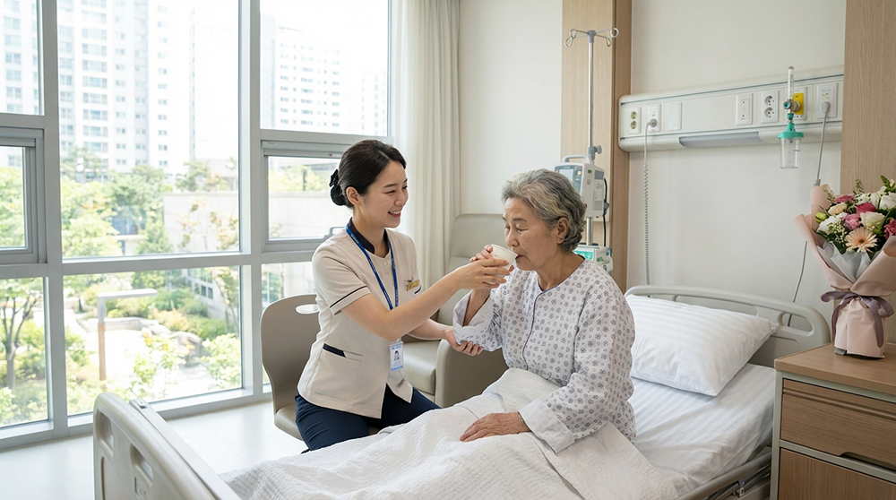간병비 건강보험 적용으로 전문 간병사가 요양병원에서 환자를 정성스럽게 돌보는 따뜻한 모습