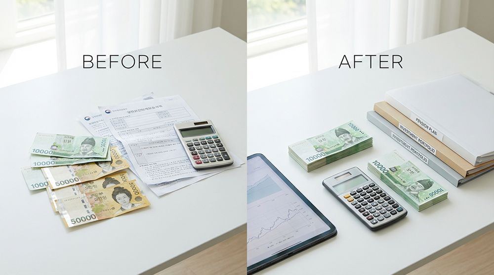 기초연금 부부 감액 폐지로 변경되는 연금 금액 비교를 나타내는 연금 서류와 현금 이미지