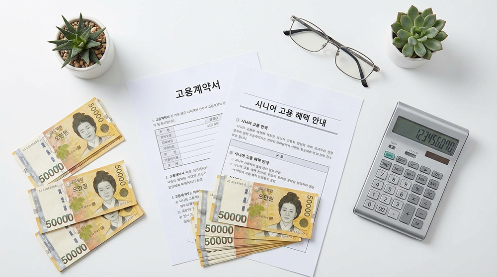 노인 맞춤 일자리로 받을 수 있는 월 27만원부터 100만원까지의 급여를 나타내는 현금과 계약서 이미지