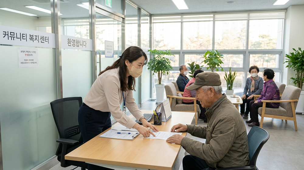 노인 맞춤 일자리를 주민센터에서 신청하기 위해 친절한 상담사와 상담하는 어르신의 모습
