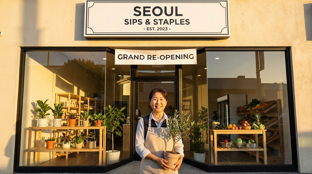 희망찬 표정으로 새롭게 문을 연 가게 앞에 선 소상공인, 재도전특별자금으로 재창업 성공 이미지