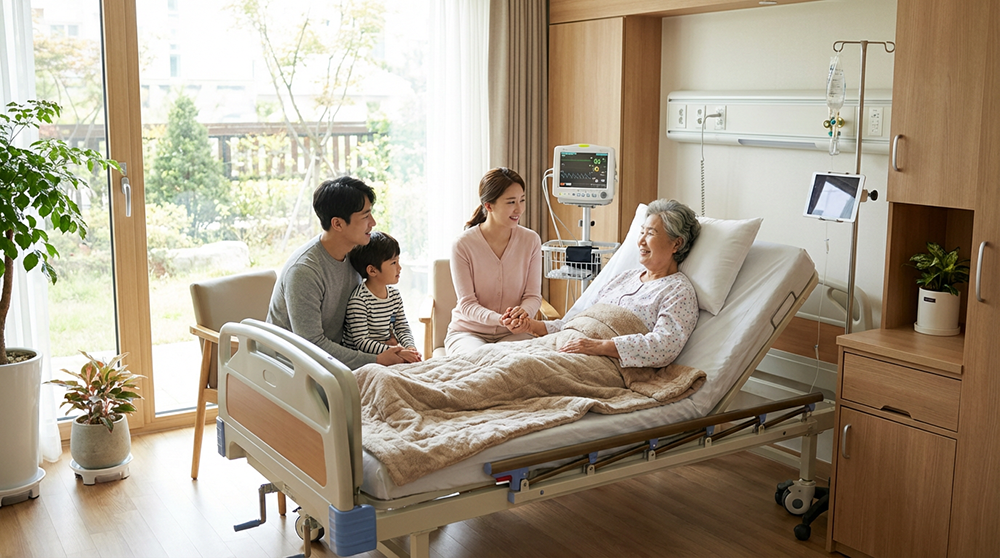 간병비 건강보험이 적용되는 요양병원에서 가족이 환자를 방문해 편안하게 시간을 보내는 모습