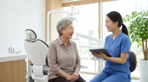 임플란트 건강보험 상담을 받는 65세 이상 어르신과 치과 의사의 밝은 모습