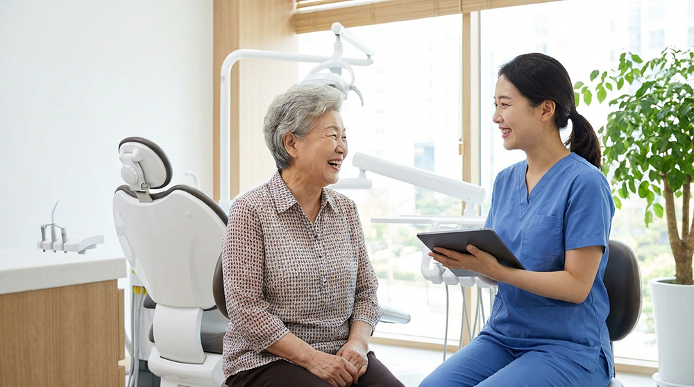 임플란트 건강보험 상담을 받는 65세 이상 어르신과 치과 의사의 밝은 모습