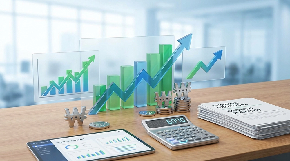 성장 차트와 계산기가 놓인 책상, 소상공인 재도전특별자금 금융 지원 개념 일러스트