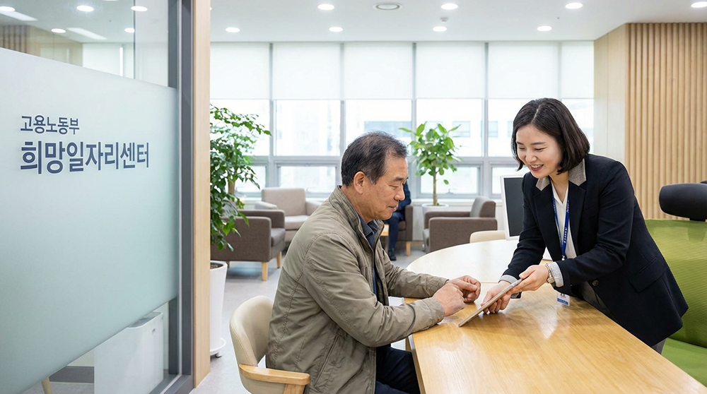 중장년 내일센터에서 재취업 지원금 상담을 받는 중장년층과 상담사의 모습