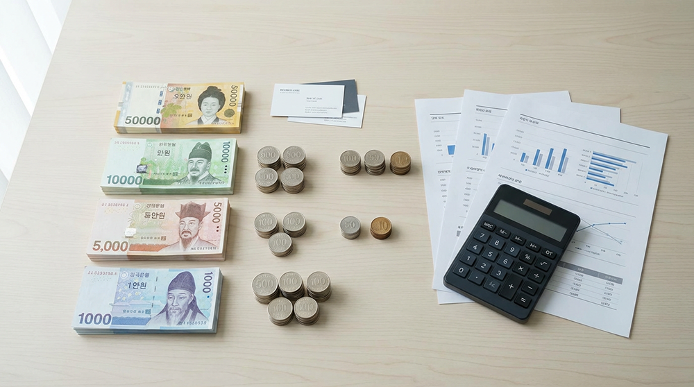중장년 재취업 지원금 최대 450만원 혜택을 나타내는 현금과 계산기 이미지