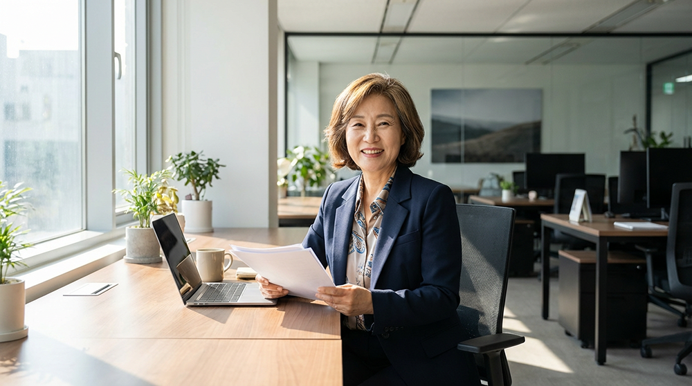 중장년 재취업 지원금 신청을 위해 서류를 확인하는 50대 중장년층의 밝은 모습