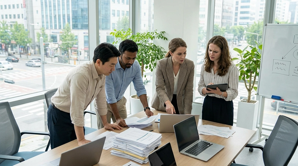 희망인천 특례보증 지원 대상 자격을 확인하는 인천 소상공인 사업자들이 서류를 검토하는 모습