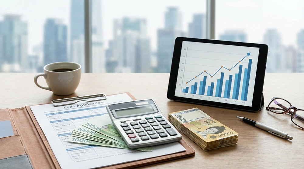 소상공인 대출 지원금 계산기와 한국 화폐, 금융 서류가 놓인 책상 위 보증 조건 개념 이미지