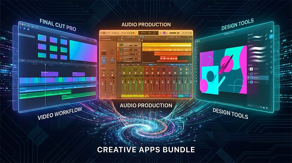 파이널 컷 프로, 로직 프로, 픽셀메이터 프로 등 애플 크리에이터 스튜디오에 포함된 창작 앱들의 인터페이스 구성