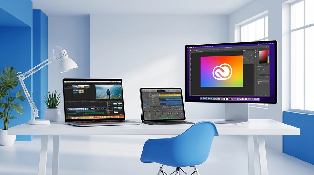 애플 크리에이터 스튜디오를 사용하는 맥북과 아이패드 작업 환경, 영상 편집 및 디자인 소프트웨어 화면이 보이는 전문가 워크스페이스