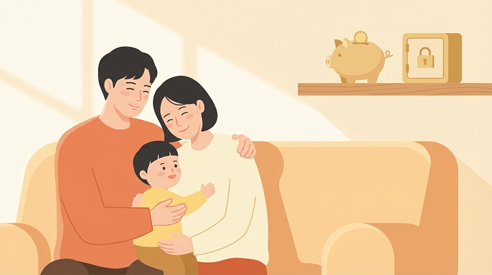 생계비계좌로 경제적 안정을 찾은 가정의 행복한 모습 일러스트