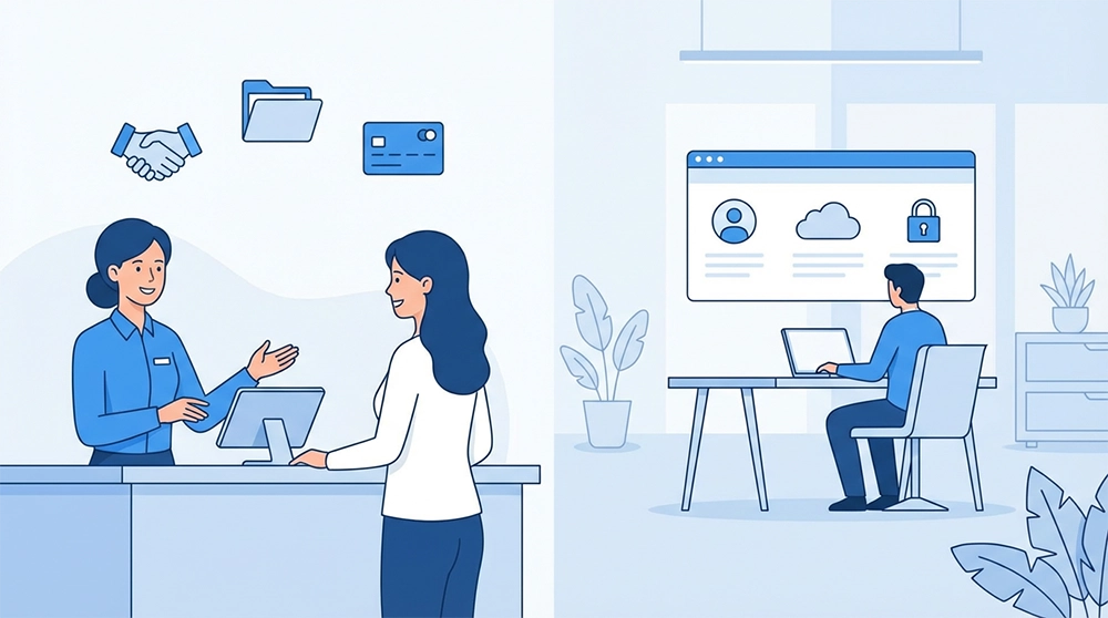 은행 창구에서 생계비계좌 신청 및 개설하는 과정 일러스트