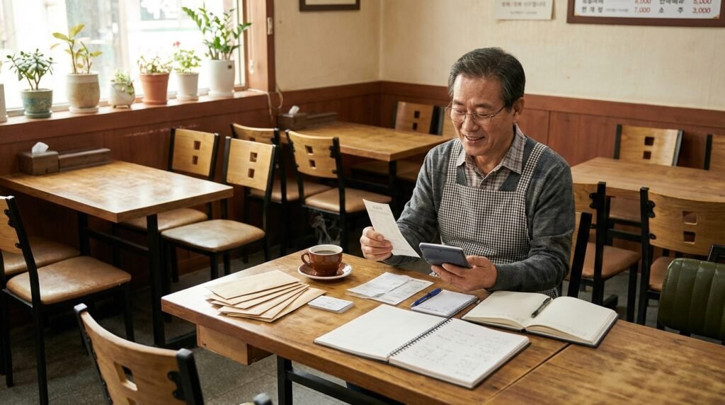전기 가스 요금과 계산기를 확인하는 소상공인 사장님의 안도하는 표정