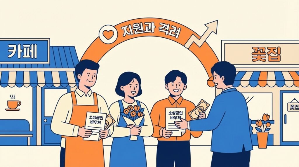2026년 소상공인 경영안정바우처 25만원 지원 받는 자영업자들의 밝은 모습