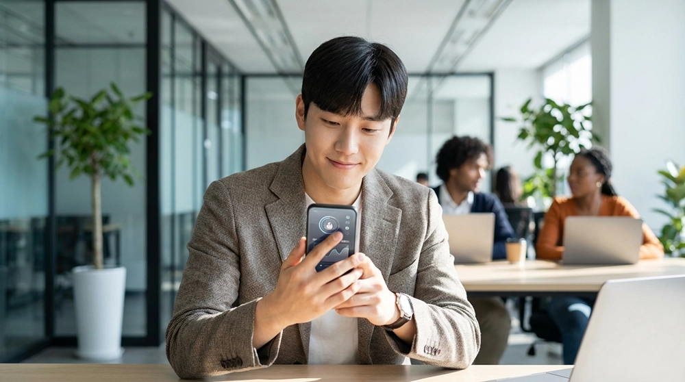 청년이 스마트폰으로 햇살론 저금리 대출 앱을 사용하며 희망찬 표정을 짓는 장면