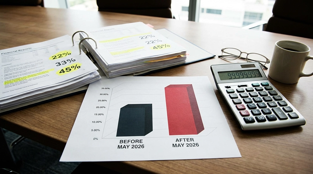 2026년 5월 전후 양도세 세율 비교 차트, 극적으로 증가한 세율이 강조된 금융 서류와 큰 숫자를 표시하는 계산기