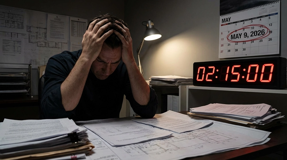 시간이 촉박함을 나타내는 카운트다운 시계와 2026년 5월 9일이 빨간 원으로 표시된 달력, 긴박하게 전략을 세우는 사람의 모습