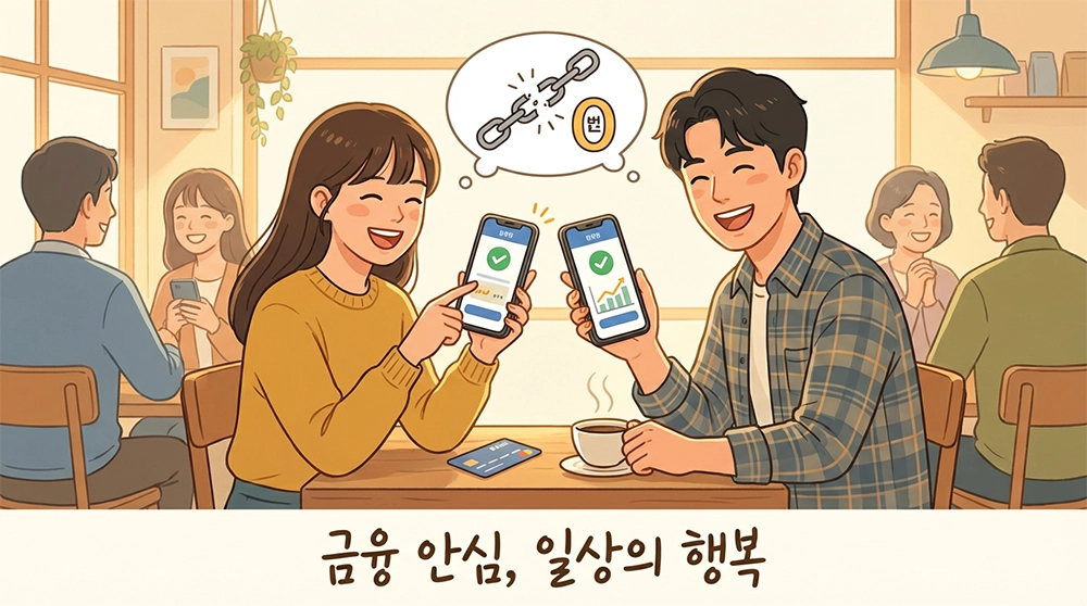 생계비통장을 모바일 뱅킹으로 신청하는 사람들의 모습