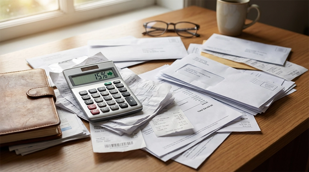 소상공인 25만원 바우처 사용처, 전기요금 고지서와 4대 보험료 납부 영수증, 차량 연료비 영수증이 책상 위에 놓인 모습