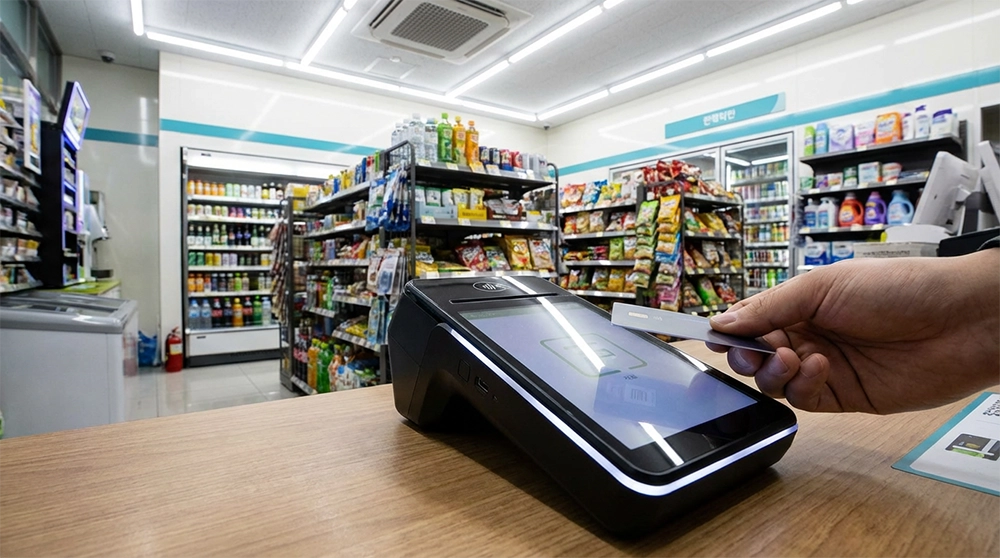 소상공인 경영안정 바우처 카드 결제 자동 차감 시스템, 편의점 카운터에서 결제 단말기로 바우처를 사용하는 모습