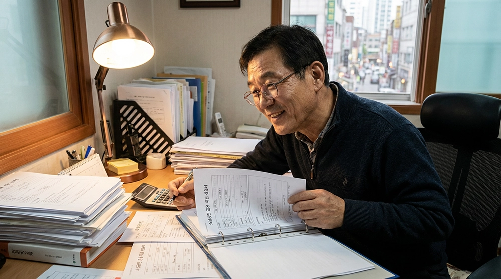 소상공인시장진흥자금 서류를 검토 중인 소상공인, 계산기와 사업 관련 문서가 놓인 책상