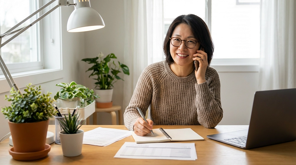 인천신용보증재단 전화 상담 중인 모습, 스마트폰과 메모지를 든 손