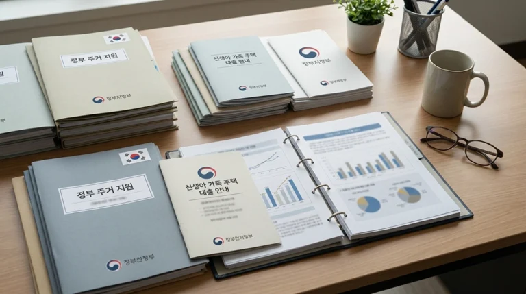 신생아 특례대출 정부 지원 정책 안내 서류와 주택금융 프로그램 자료가 정리된 책상