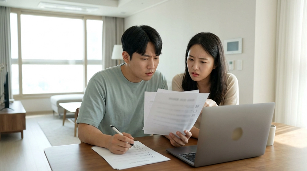출산가구 주택대출 신청 자격 체크리스트를 확인하며 서류를 검토하는 젊은 한국 부부