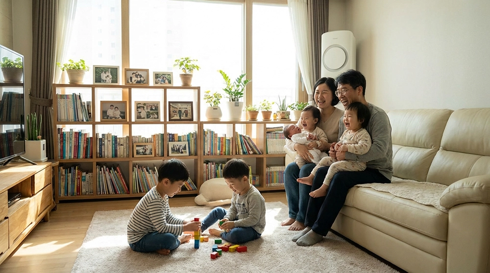 신생아와 어린 자녀들과 함께하는 행복한 한국 가족, 출산 특례금리 장기 혜택을 누리는 가정