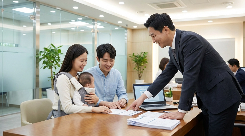 은행 대출 상담사가 신생아를 안고 온 젊은 부부에게 특례대출 신청 서류를 친절히 안내하는 장면