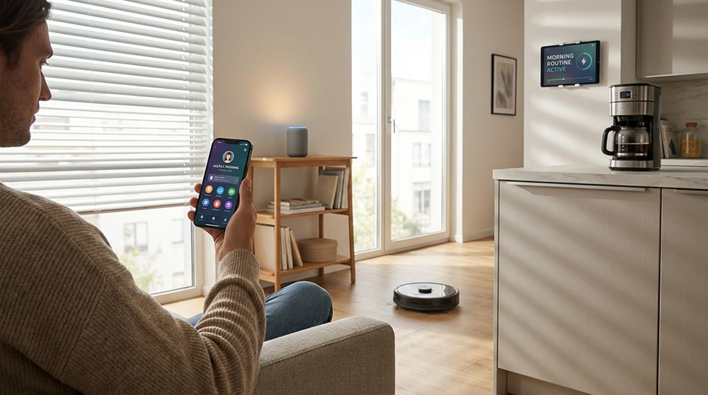 개인화 AI 비서 기능을 사용하는 아이폰 사용자, 스마트홈 자동화와 아침 루틴 관리하는 현대적인 생활 공간