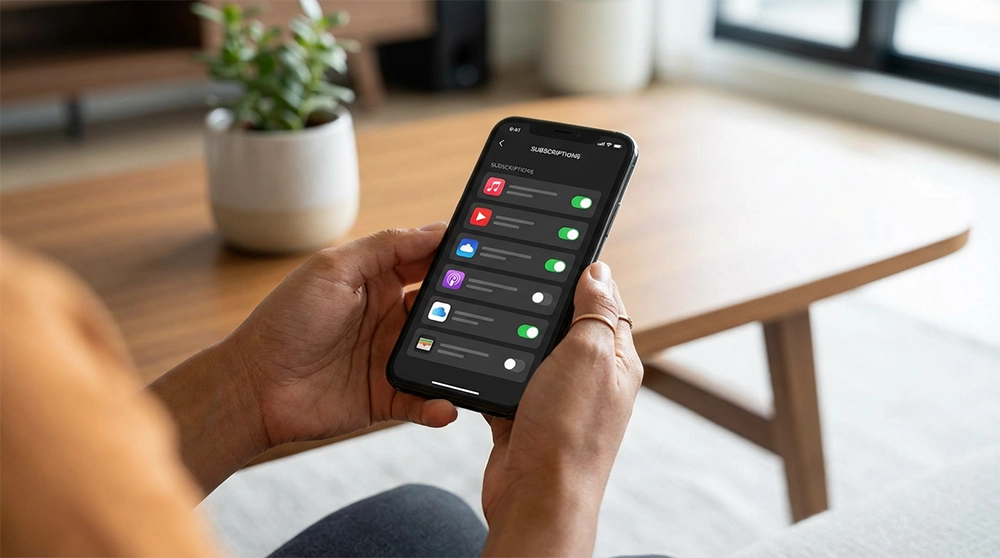 아이폰에서 유튜브 프리미엄 해지방법을 확인하는 모습, 구독 설정 화면을 보여주는 스마트폰 클로즈업 사진