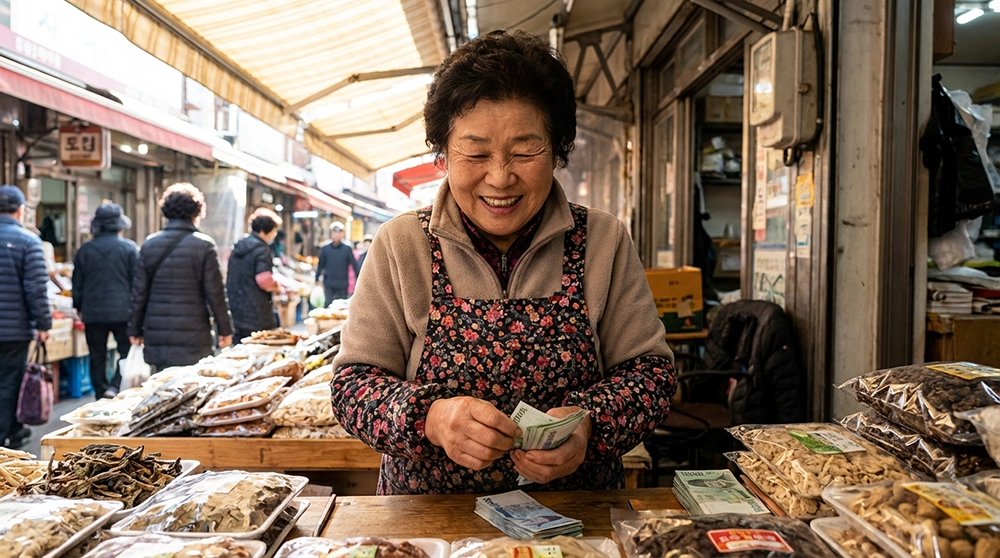 전통시장 소상공인이 정부 지원금을 받아 가게 카운터에서 기쁜 표정으로 자금을 확인하는 모습