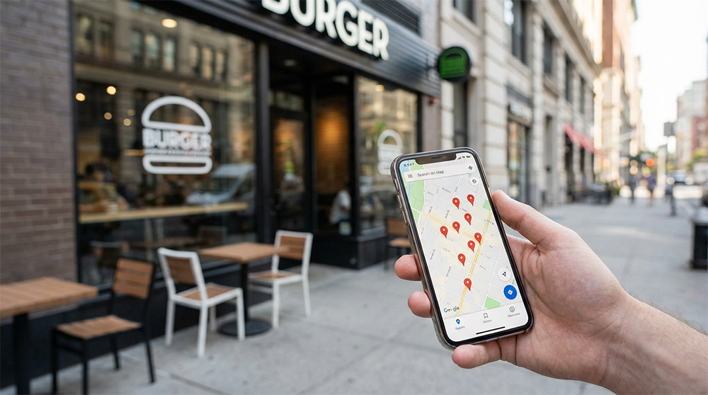 프랭크버거 진격의거인 콜라보 참여 매장 548곳을 확인할 수 있는 스마트폰 지도 앱 화면과 배경의 프랭크버거 매장