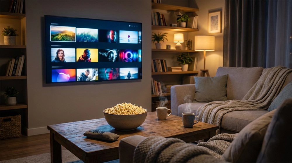 티빙과 디즈니플러스 OTT 서비스를 즐기는 홈 엔터테인먼트 환경, 스마트TV 화면에 스트리밍 콘텐츠 표시