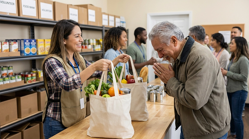 푸드뱅크 자원봉사자가 신선 식료품과 먹거리가 담긴 봉투를 방문자에게 전달하는 따뜻한 장면