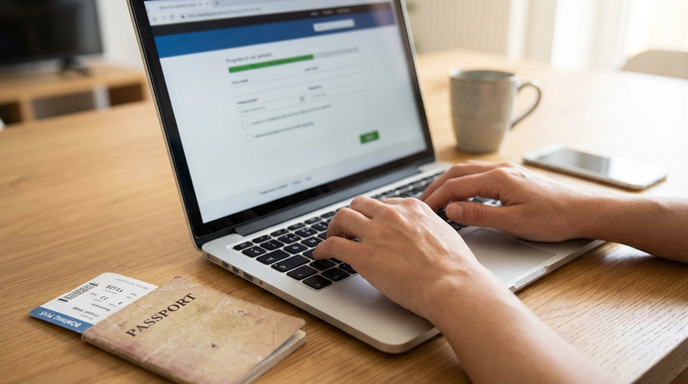 노트북으로 대만 온라인 입국신고서를 작성하는 여행자, 여권과 항공권이 옆에 놓인 모습