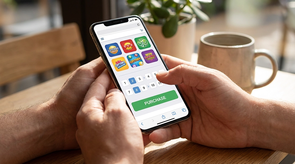 스마트폰으로 동행복권 모바일 웹사이트에 접속하여 로또를 구매하는 모습을 보여주는 실사 사진