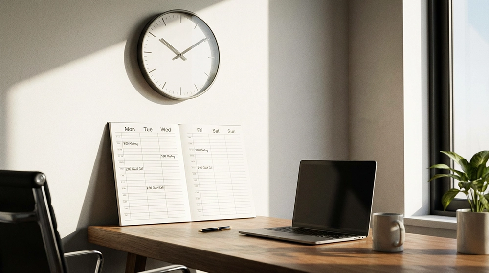 연금복권 판매시간을 나타내는 시계와 주간 플래너가 있는 책상의 실사 사진으로 매주 목요일 추첨일과 구매 가능 시간을 표현