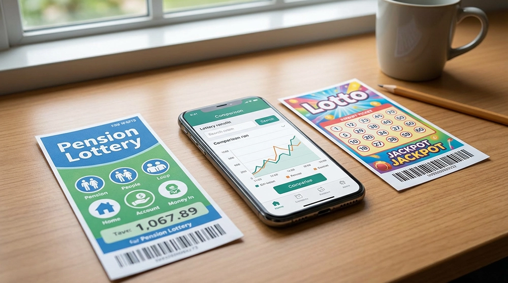 금복권과 로또 비교를 위해 두 종류의 복권이 나란히 놓여있는 책상 위 실사 사진으로 각 복권의 특징을 시각적으로 표현