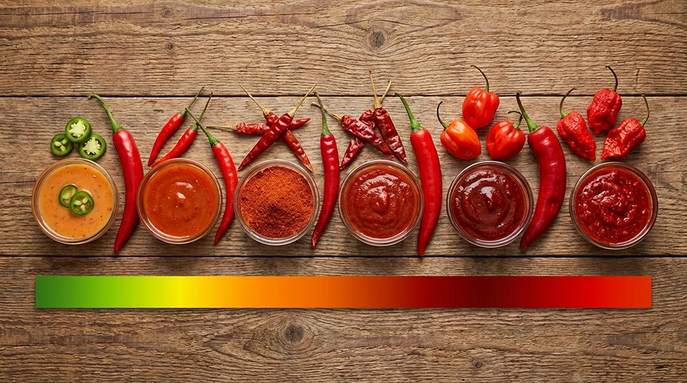 순한맛부터 극매운맛까지 엽떡 국물무뼈닭발의 맵기 단계를 보여주는 고추와 소스 이미지