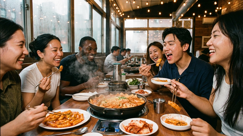 엽떡 국물무뼈닭발을 함께 즐기는 사람들의 행복한 표정, 매운 음식을 먹는 즐거움