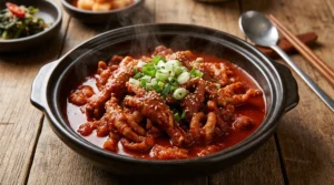 엽떡 국물무뼈닭발의 쫄깃한 식감을 보여주는 클로즈업 사진, 빨간 매콤한 국물에 담긴 부드러운 무뼈닭발